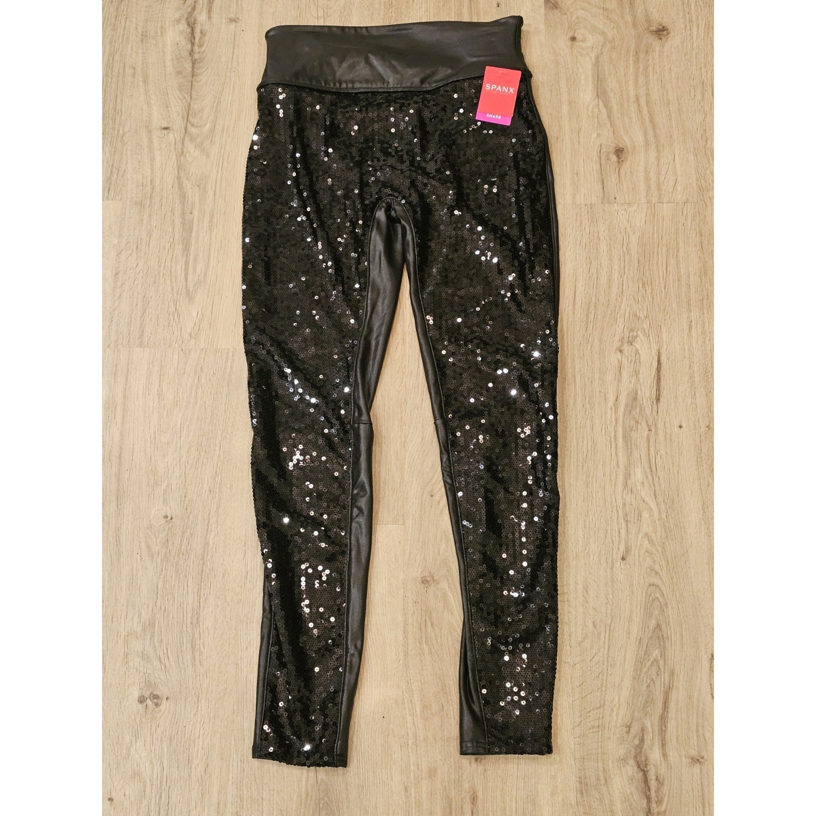 Spanx High Rise Faux Leather Sequin Leggings Large Black New With Tags